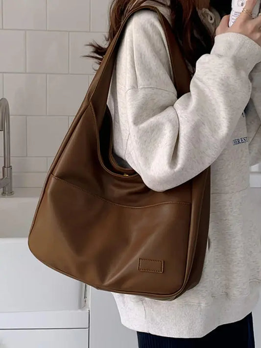 Summer 2024 Trendy Solid Color Large Capacity Tote Bag for Women for Gift, Retro Everyday Designer PU Leather Snap Handbag, Casual Back to School Shoulder Bag