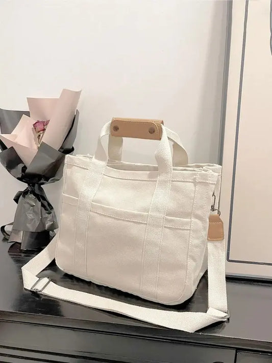 2024 New Style Solid Color Canvas Tote Bag for School, Removable Bottom Compartment, Large Capacity Oversize Trendy Summer Shoulder Crossbody Bag for Daily & Back to School