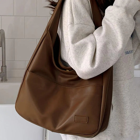 Summer 2024 Trendy Solid Color Large Capacity Tote Bag for Women for Gift, Retro Everyday Designer PU Leather Snap Handbag, Casual Back to School Shoulder Bag