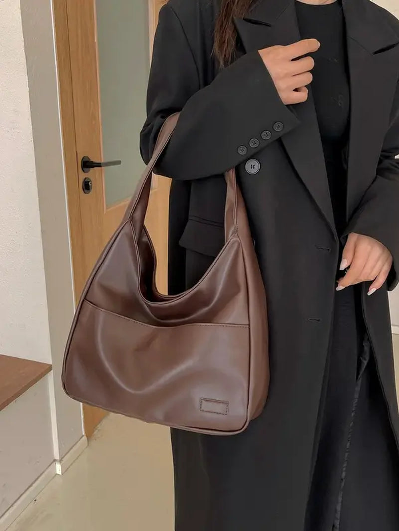 Summer 2024 Trendy Solid Color Large Capacity Tote Bag for Women for Gift, Retro Everyday Designer PU Leather Snap Handbag, Casual Back to School Shoulder Bag