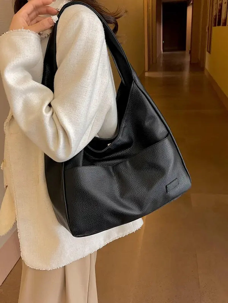 Summer 2024 Trendy Solid Color Large Capacity Tote Bag for Women for Gift, Retro Everyday Designer PU Leather Snap Handbag, Casual Back to School Shoulder Bag